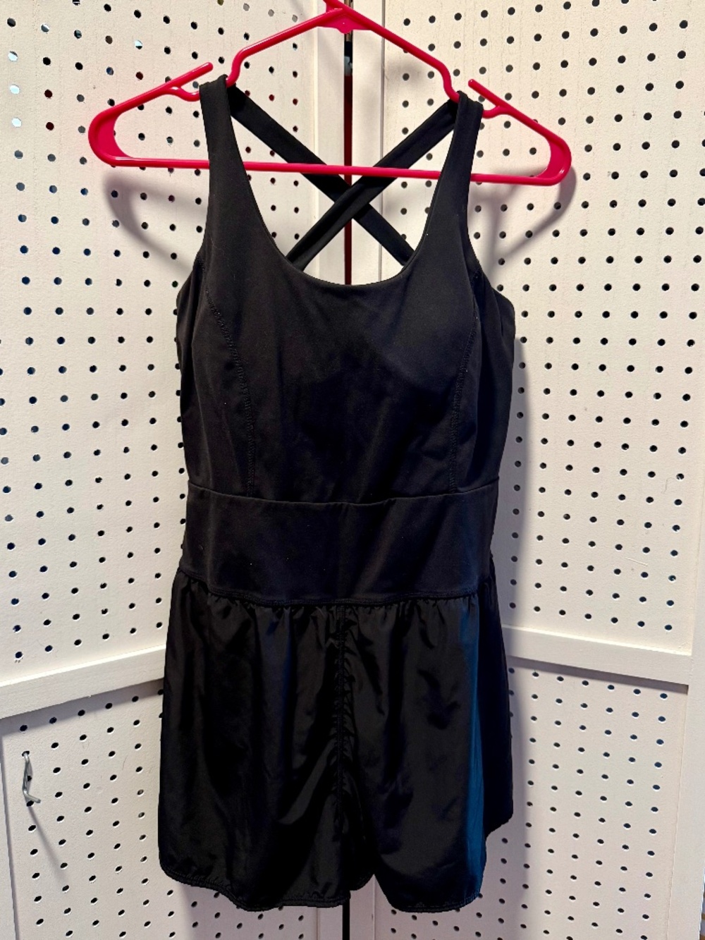 Avia Athletic Workout Romper Black Cross Back Built-In Shorts Back Zip Pocket S